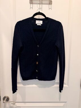Allude Navy Textured Knit Button-Up Cardigan with Gem Buttons Size S